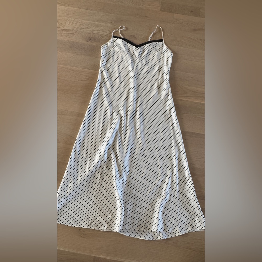 Natori Retro Polka Dot Midi Slip Dress White Black Mesh